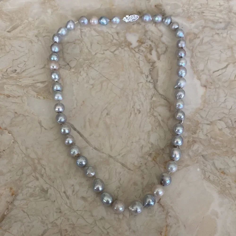 14k WG Grey Freshwater Pearl Antique Deco Necklace - Picture 5 of 7